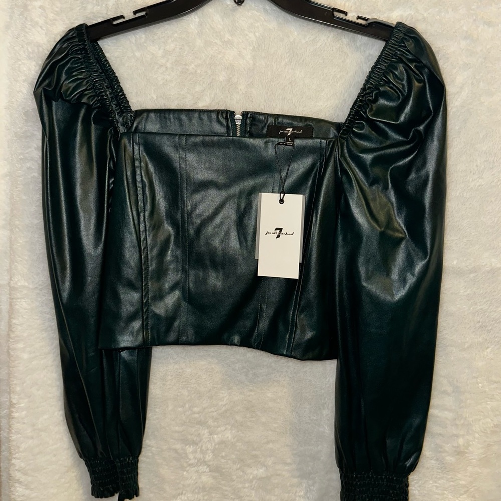Forest Green Faux Leather Puff Sleeve Crop Top